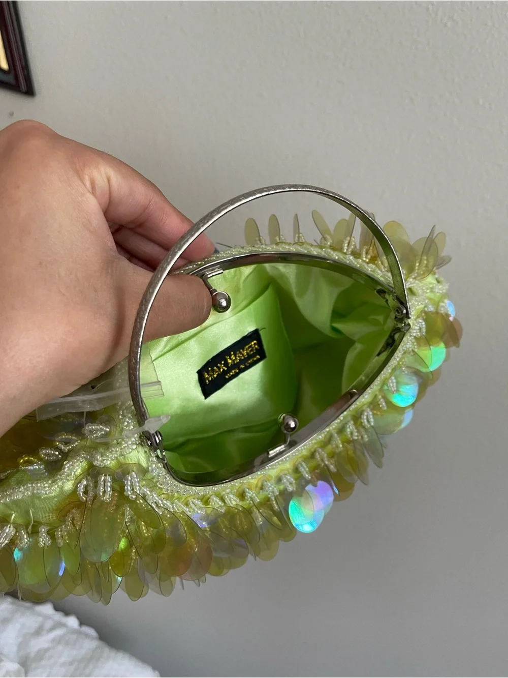 Iridescent Lime Sequin Halo Handle Clutch